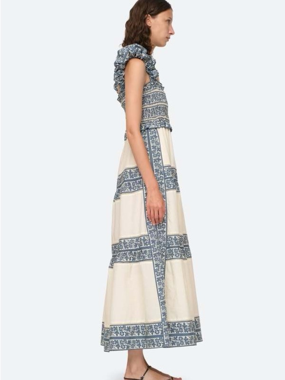 Sea NY Arlo Maxi Floral Tiered Smocked Bodice Blue Cream Cotton Dress Size S - Picture 3 of 12